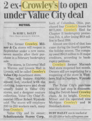 Crowleys - Aug 1999 The Beginning Of Value City